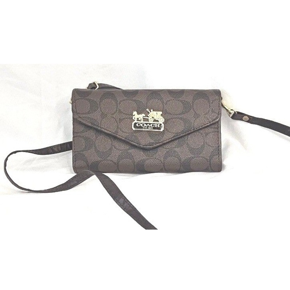 Coach Signature Monogram Crossbody Wallet Bag Brown Gold Horse Carriage Logo